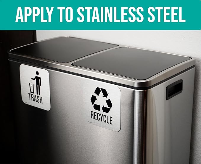 Recycle and Trash Magnets for Kitchen Trash Cans and Recycling Bins, Indoor Trash and Recycle Magnet Combo for Garbage Can Logo Symbol, 2 Magnetic Sticker Adhesives, 5.5 Inch Square, Outdoor Waste Bin