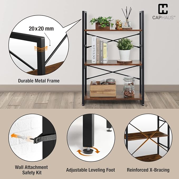 CAPHAUS 2 Tier Small Bookshelf, 24 Inch Width Free Standing Shelf, Bookcase Shelf Storage Organizer, Industrial Book Shelves for Home Office, Living Room, Rustic Oak Vintage Shelves & Metal Frame
