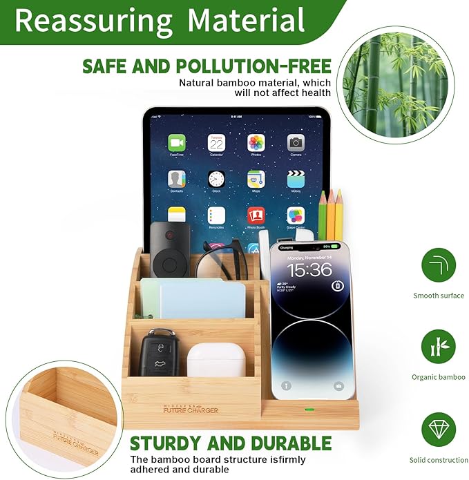 Bamboo Pen Holder for Desk & Nightstand Organizer with Fast Wireless Charging for iPhone, Samsung & More – Office Desk Accessories for Men/Women (Natural)
