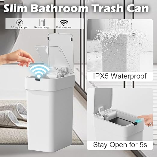 ELPHECO Bathroom Trash Can with Lid, 2 Pack Automatic Garbage Can, 2.5 Gallon + 4 Gallon Motion Sensor Smart Bathroom Decor, Slim Waterproof Trash Bins for Bedroom, Office, Living Room, White