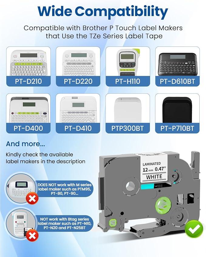 Pillex 10-Pack 12mm 0.47 Laminated White Label Tape Replacement for TZe-231 Brother Label Maker Tape, AZe Black on White Label Tape Compatible with Brother P Touch Label Maker PT-D210 PT-H110 PT-D220