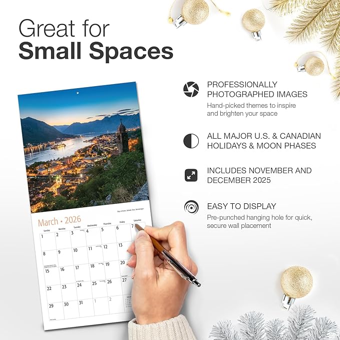 RED EMBER Amazing Escapes 2026 Mini Wall Calendar 12 Month | 7" x 14" Open | Thick & Sturdy Paper | Holiday Gift | Travel Calendar 2026