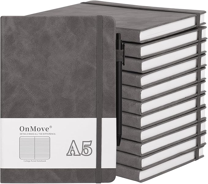 OnMove Notebooks Journal for Women Men 12 Pack Bulk Leather Hardcover with Pen Holder A5 160 Pages 100 GSM Thick Paper for Work School Lined Gray