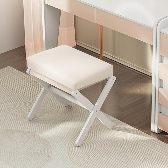 BAMBOOHOMIE Foldable Foot Stool Ottoman, Modern Foot Rest with Bamboo X Legs & Thick Foam Cushion, Folding Foot Stools Small Padded for Bedroom Living Room, Footstool for Chair Couch (White - White)
