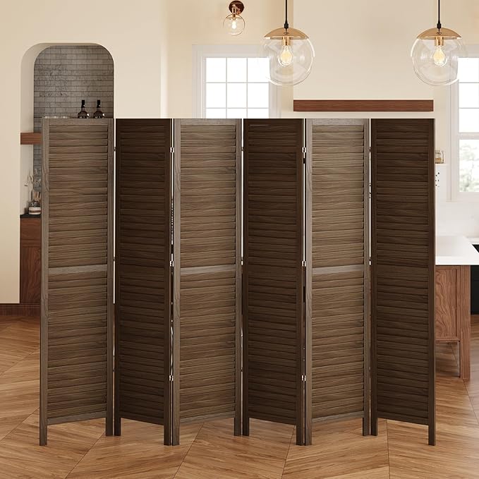 Room Partitions and Dividers, Temporary Wall with Double Hinges, 5.6 Ft Tall Folding Louver Wood Screen for Home Office Bedroom Hotel Decoration (6 Panels, Brown)