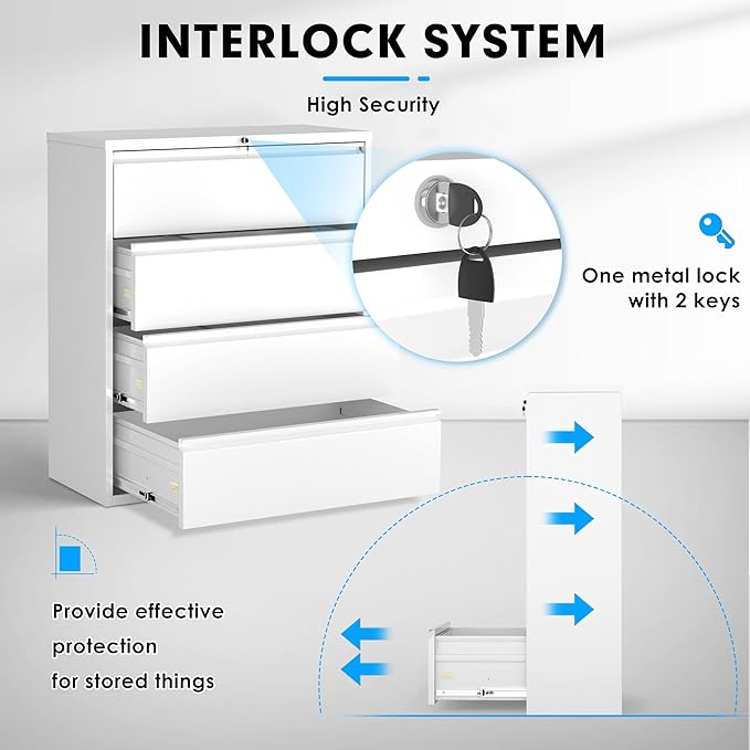 Pataku 4 Drawer File Cabinet with Lock, Metal Lateral File Cabinets for Home Office, Locking Filling Cabinets for Hanging Files Letter/Legal/F4/A4 Size(4Drawer/White)