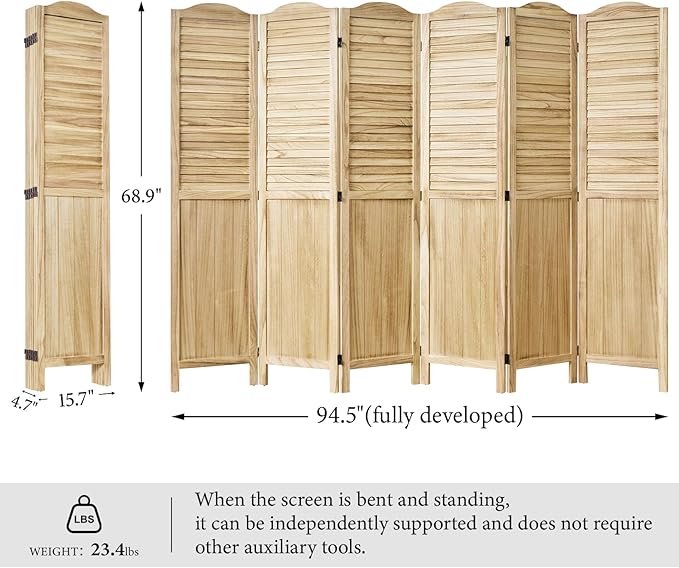 Room Partitions and Dividers, 68.9 Inch Temporary Wall with Double Hinges, Wooden Louver & MDF Stable Screens for Home Office Bedroom Coffeehouse Decoration (6 Panels, Wood Color)