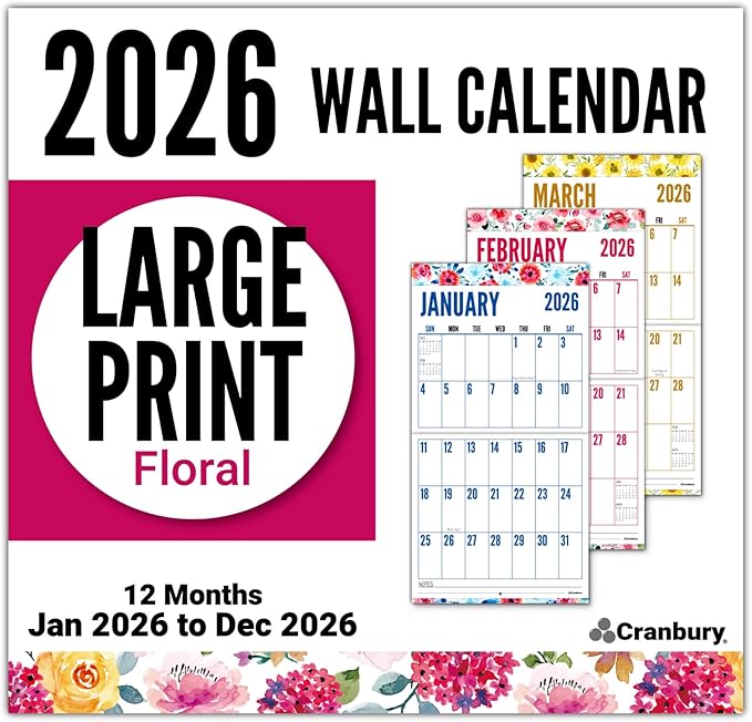 CRANBURY Large Print Wall Calendar 2026, 12x23" Open, 12 Months Floral Designs, Use Jan to Dec 2026, Big Numbers, Big Grid, Low Vision Calendar, Non-Glossy Paper for Easy Writing, Includes Planner Stickers
