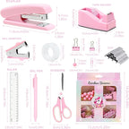 COMFYROOM Pink Desk Accessories with Pen Holder, Pink Office Supplies Desk Organizers and Accessories for women, Tape Dispenser, Stapler, Staple Remover, Staples, Clips Set, Ruler, Scissor, Pen, Tape