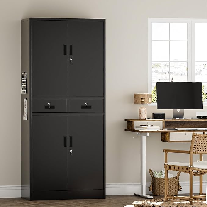 TaskStorz Metal Storage Cabinet, 71" Garage Storage Cabinet with 2 Locking Drawers and 2 Adjustable Shelves, Black Tool Cabinet, Lockable File Steel Cabinet for Home, Office, Gym, School
