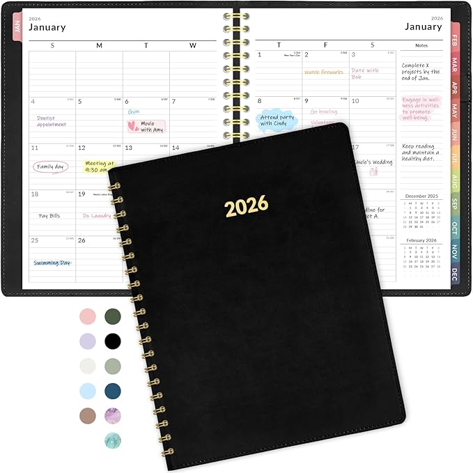 Forvencer 2026 Planner Weekly and Monthly, Jan 2026 -Dec 2026, Vegan Leather Cover Calendar Planner, 8.5" x 11" Agenda with Color Tabs, Inner Pocket, Spiral, 2026 Planner for Office School Supplies