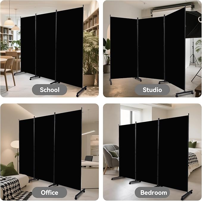 Room Divider (3 Panel) Wall Divider for Room Separation, 102 inch Wide Portable Privacy Screens W/Wheels, Metal Frame Freestanding Room Separators 5.6FT Room Partitions and Dividers
