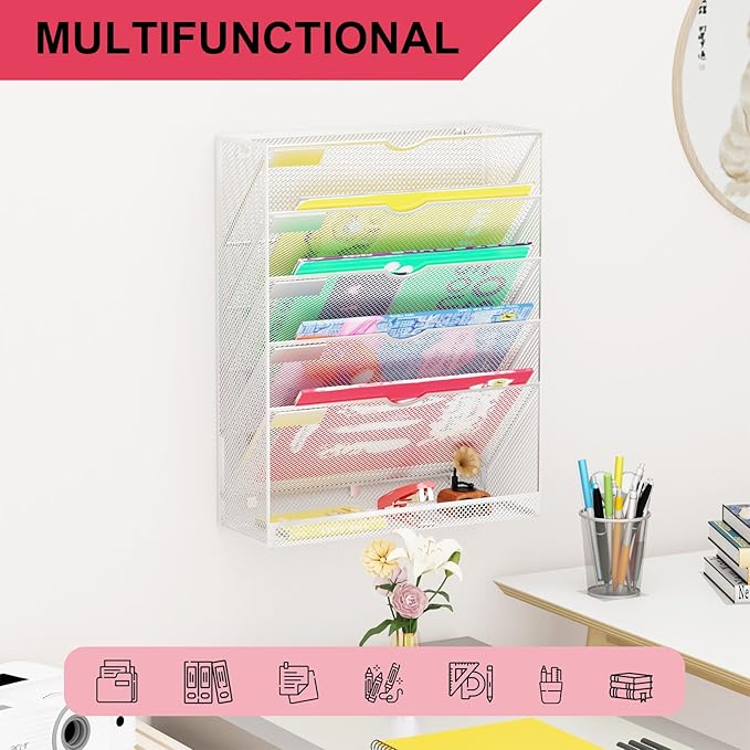 GDINDINFAN Hanging Wall File Organizer 6 Tier Wall Mounted File Holder Document Wall Organizer Magazine Organization for Office Home, Silver