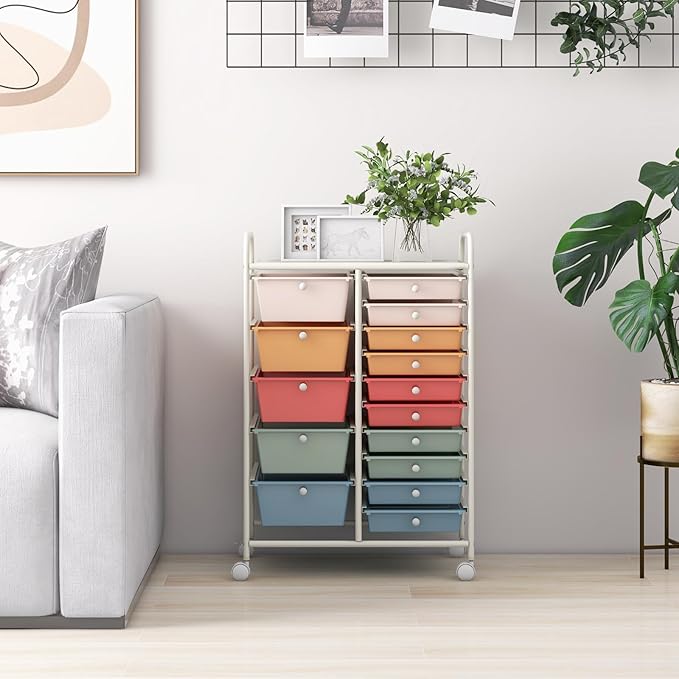 HAPPYGRILL 15-Drawer Rolling Cart, Storage Carts with Removable Drawers & Steel Frame, Utility Cart on Lockable Wheels for Home, School, Office, Macaroon