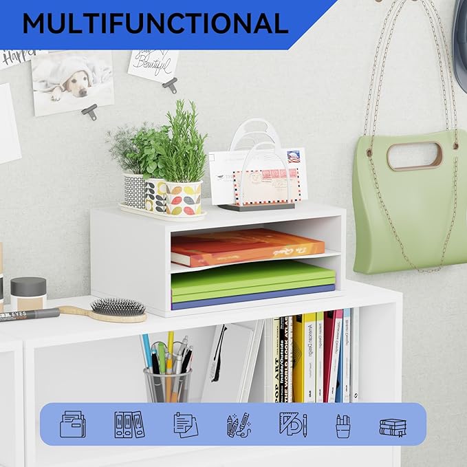 GDINDINFAN Wood Desktop Letter Tray File Organizer, Paper Storage Mail Sorter with Adjustable Drawer Boards for Home and Office, White