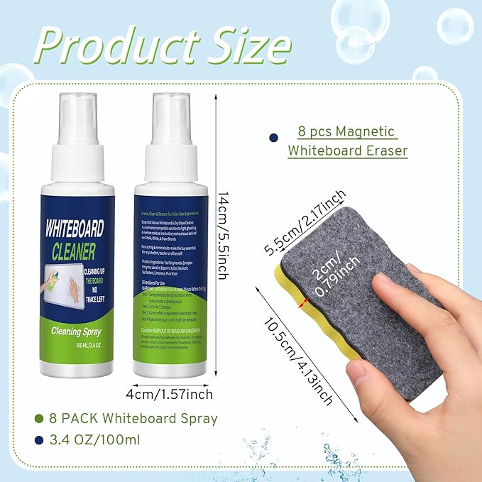 Heigble 8 Pack Whiteboard Cleaner 3.4 fl oz Whiteboard Cleaning Spray Dry Erase Board Liquid Cleaner with 8 Pack Magnetic Chalkboard Board Erasers White Board Eraser for Classrooms, Home, Office