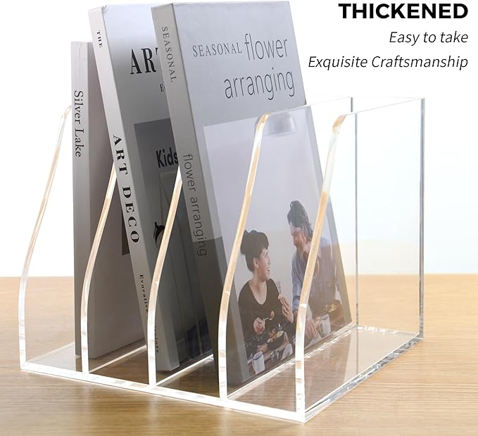 AIMOLLY Acrylic Magazine File Holder, 4 Vertical Compartments Desk Document Sorter Organizer, Clear Folder Rack Binder for Office/Home/Classroom, for Documents, Tablet, Magazines, Books & Accessories