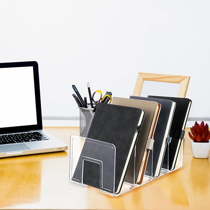 Lemecima 4 Pack Acrylic File Sorter, 4-Section Clear Desktop File Folder Holder Organizer, Thick Office Storage Stand Rack for Book, Envelopes, Mail, Document, Notebook, Binder, Purse, Clutch Divider