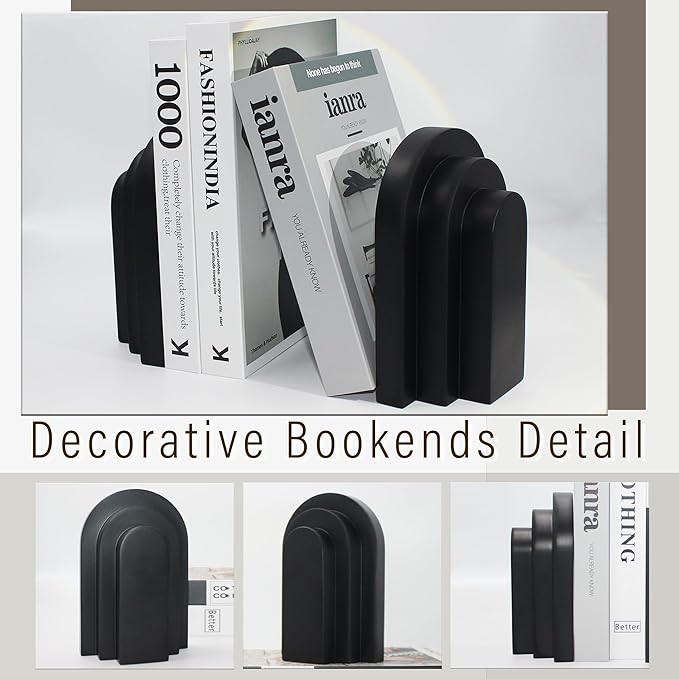 LIN CHUAN Heavy Duty Book Ends for Shelves, Decorative Bookends for Heavy Books Set of 2, 6.6 LBS Modern Book Stopper for Home Decor, Bookshelf, Aesthetic Bookend with Layered Arch Design, Black