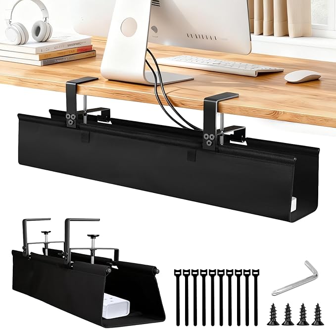 Under Desk Cable Management Tray - Heavy Duty No-Drill Clamp & Screw Mount, 28-Inch Cord Organizer for Home Office, Gaming Setup & Study Room, Holds Power Strip & Large Adapters (Black, 28"L x 5.5"W)