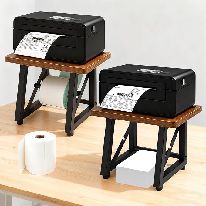 Label Holder for Thermal Printer,Sticker Rolls and Fan-fold Dispenser Holder,Wooden Label Holder for Shipping Label Printer,Office Accessories for Home,Small Business,Warehouse (Retro Color)