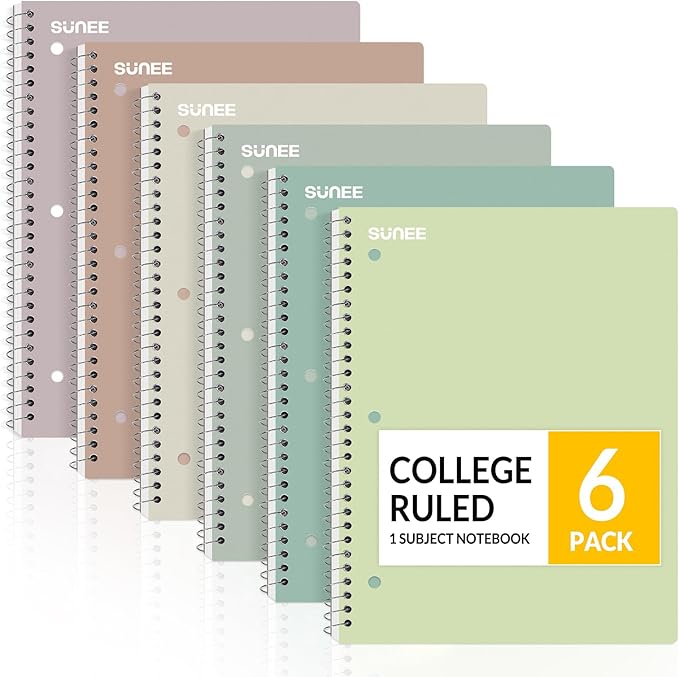 SUNEE Spiral Notebooks, 6 Pack, 1-Subject, College Ruled Paper, 8" x 10-1/2", 70 Sheets per Notebook, Assorted Aesthetic Colors Spiral Notebooks for School