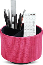 Hennaja Round Leather Art Supply Organizer,Remote Control Holder,360 Degree Spinning,Multi-Functional Pencil Holder,4 Compartments Desktop Stationary Organizer(1-Vertical Wood Red)