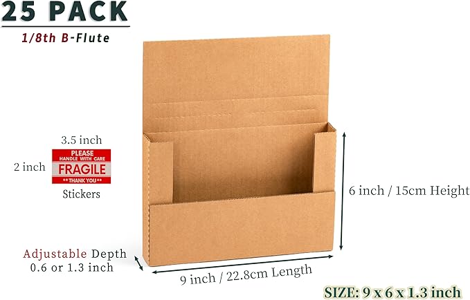 YUSHYIJIE 9x6x1.3 inch Small Shipping Boxes, Multi-Depth Flat Cardboard Boxes with Fragile Stickers for DVD Shipping, Packing, Moving, Storage, Brown, 25 Pack