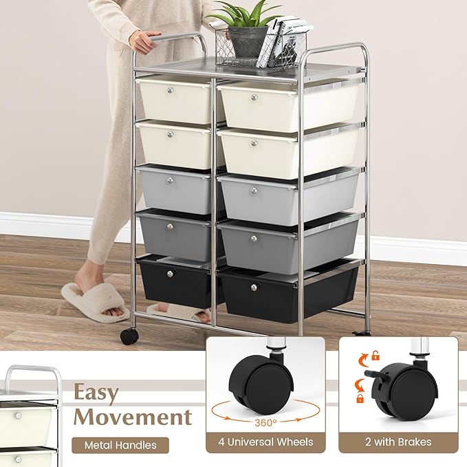 GOFLAME 10-Drawer Rolling Storage Cart, Art Craft Storage Organizer on Wheels, Multipurpose Movable Utility Cart for School, Office and Home, Grey Gradient