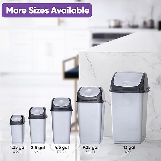 Superio Small 2.5 Gallon Plastic Trash Can with Swing Top Lid, Compact Slim Waste Bin for Under Desk, Office, Bedroom, Bathroom, Dorm Room, 10 Qt. Portable Garbage Can (SmokeWhite/Grey, 2 Pack)