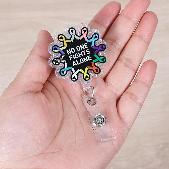 No One Fights Alone Cancer Ribbon Nurse Badge Reel, Cancer Awareness Retractable ID Card Medical Work Badge Holder, Name Tag Badge Buddy for RN CNA Oncology Nurse Nursing Student Oncologist Doctor