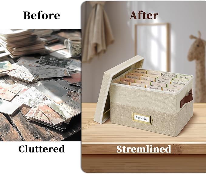 Vienrose Greeting Card Organizer Box with 20 Removable Dividers, 84 Self-Adhesive Labels, Foldable Storage Box Great for Greeting Cards, Photos, Envelopes, Stickers, Postcards Beige&Khaki