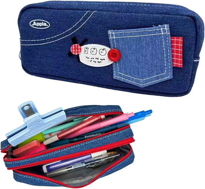 Haumei Canvas Pencil Case Large Capacity, Big Denim Pen Pouch with Zipper, Cute Durable Portable Stationary Storage Bag Organizer for Adults Women, Dark Blue, Button