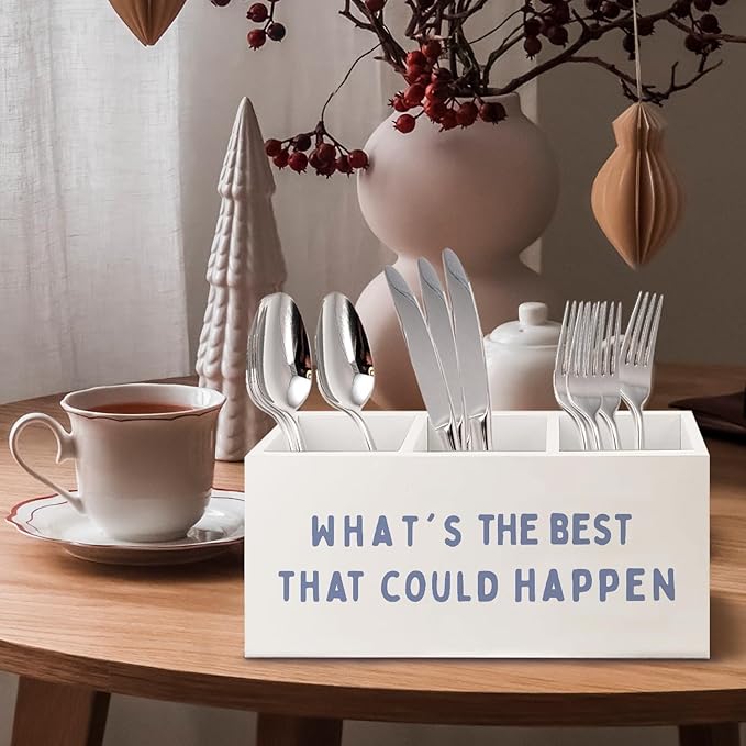URLLUAE What's the Best That Could Happen Inspirational Wooden Pen Pencil Holder for Office Desk Accessories, Motivational Desk Decor, Retro Blue Makeup Brush Toothbrush Holder Organizer