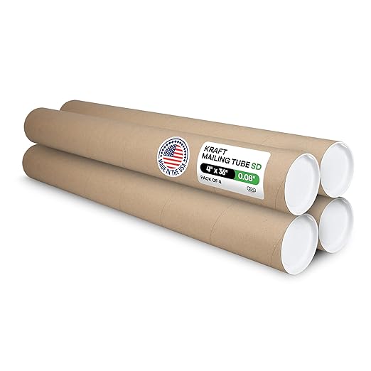 Cardboard Mailing Tubes, 4" x 36" with Plastic Caps, Pack of 4 - USA-Made USPS Approved Poster Tube for Documents & Blueprints - Reinforced Mailing Cylinders for Shipping & Storage by IDL Packaging