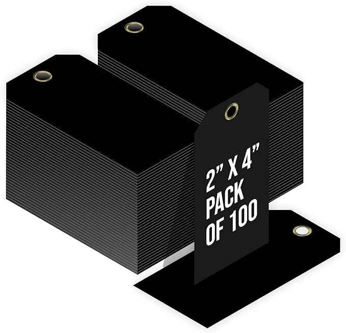 Tags 4 Less 15 Mil Waterproof Plastic Tags, Pack of 100 – 2” x 4” Heavy Duty Plastic Tags for Labeling, Outdoor Tagging, Equipment Labeling, Luggage, Valves & More (Black)