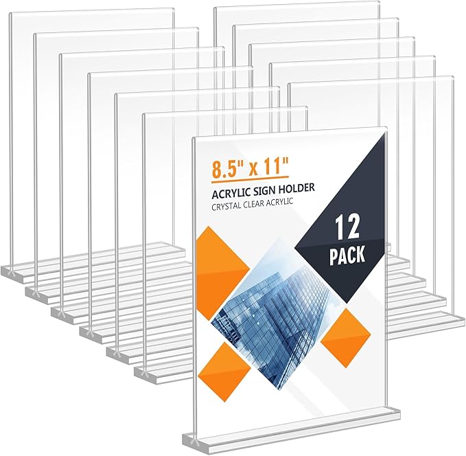 Enayplon Acrylic Sign Holder 8.5 x 11, Double Sided Sign Holder Stand, Plastic 12 Pack Table Paper Stand, Vertical Menu Flyer Stand, T Shape Table Flyer Holder