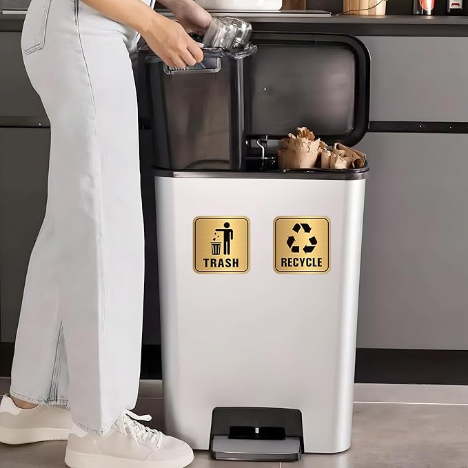 2PCS Recycle Stickers for Trash Bins, Self-Adhesive Waterproof Brushed Gold Trash and Recycling Stickers for Trash Can, Kitchen, Office, Garbage Bin Indoor, Outdoor UseS