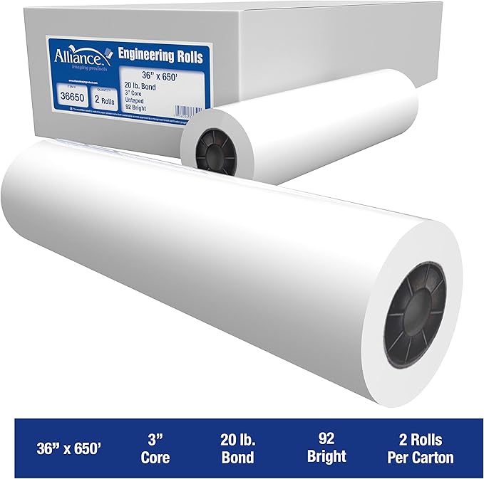Alliance Wide Format Paper 36" x 650' Rolls Bond Engineering (20lb | 2 Rolls, 36 In x 650 Ft | 3" Core)…