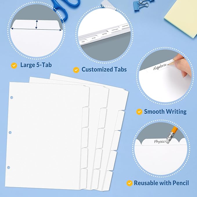 SUNEE Binder Dividers with Tabs for 3 Ring Binder, 8.5 x 11 Paper White Binder Dividers Blank with 5 Tabs, 6 Sets Page Dividers for School, Office and Home, 30 Dividers
