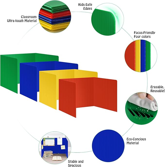 8 Pack Colorful Privacy Floders for Student Desks - Durable Plastic Erasable - Testing Dividers for Classroom - Easy Clean Privacy Shields for Student Testing Desk dividers- Includes Extra Labels