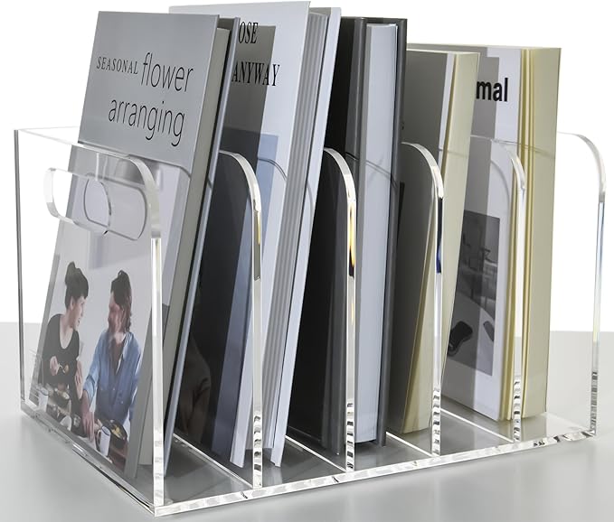AIMOLLY Clear Acrylic Organizers - 5 Vertical Compartments Acrylic Folder Organizer & File Organizer, Desk Document Storage Bins for Magazines, Binders - Multipurpose Home Office Desk Organizer