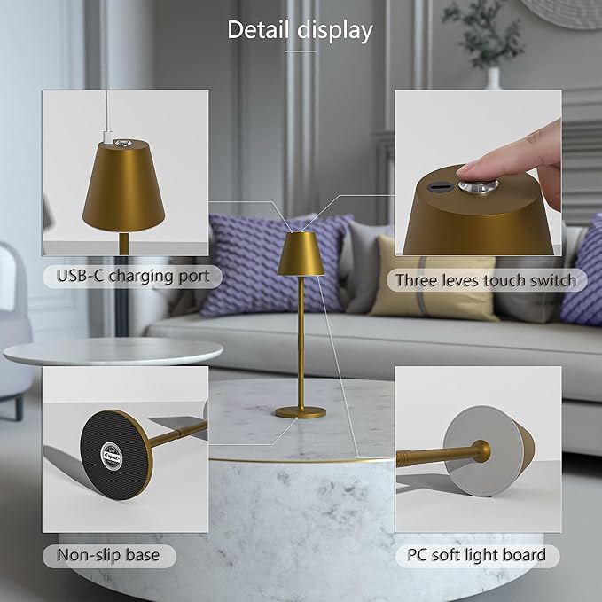 Timjorman 4-Pack Cordless Table Lamps - 5000mAh Rechargeable Battery Operated Desk Lamp, 3-Level Dimmable LED Night Light for Bedroom, Dining, Restaurant - Metal Design (Bronze 4PACK)