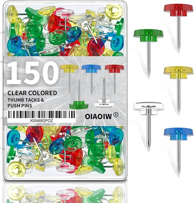 150 PCS Colored Push Pins for Wall Thumb Tacks for Walls Flat thumbtacks Push pin for Bulletin Board Shadow Box Display Thumbtack for Cork Board (Clear Colored)