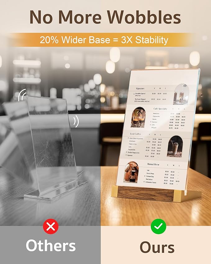 3 Pack Acrylic Sign Holder 8.5 x 11 Inch with Walnut Wood Base, Clear Tabletop Acrylic Display for Menu & Flyer Holder, Commercial Paper Stand for Restaurant, Office, Coffee, Bar, Wedding, Hotel