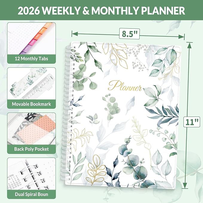 SUNEE 2026 Planner, Weekly and Monthly Calendar Planner, January 2026-December 2026, Daily Agenda with Tabs, Note Pages, Spiral Binding, 8.5"x11", Leaf
