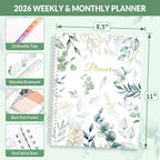 SUNEE 2026 Planner, Weekly and Monthly Calendar Planner, January 2026-December 2026, Daily Agenda with Tabs, Note Pages, Spiral Binding, 8.5"x11", Leaf