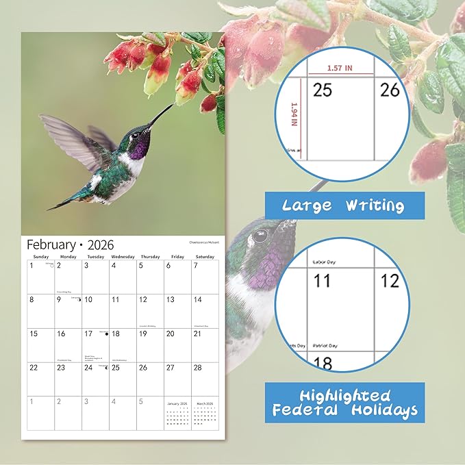 2026 Wall Calendar,Calendar 2026, November 2025 - December 2026, Wall Calendar Hummingbird, 12" x 24" Opened,Full Page Months Thick & Sturdy Paper for Calendar Organizing & Planning