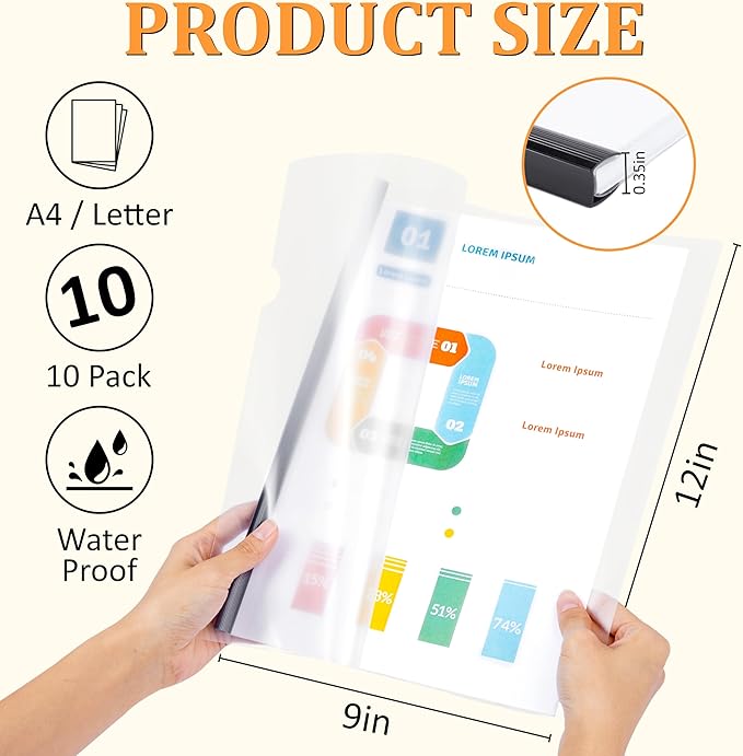 10 Pack Report Covers with Sliding Bar - Clear Plastic Presentation Folders for A4 & Letter Size Paper, 70 Sheet Capacity File Document Binder for School, Office, Resume & Business Use