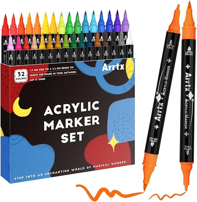 Arrtx Acrylic Pens Paint Markers 32 Colors, Dual Tip Acrylic Paint Markers with Brush Tip and Fine Tip, Art Supplies for Rock Painting, Wood, Ceramic, Fabric, Glass, DIY Crafts